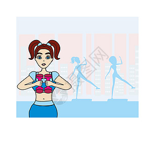 漂亮的黑褐色女人 在健身房里用两个哑巴在锻炼图片
