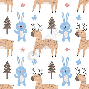 森林无缝模式与可爱的动物-鹿和兔子 矢量图 斯堪的纳维亚风格的平面设计 儿童概念 纺织印花 海报 卡片 EPS图片