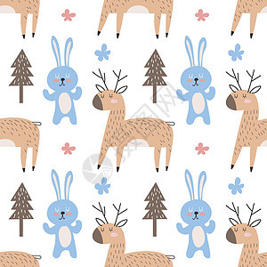 森林无缝模式与可爱的动物-鹿和兔子 矢量图 斯堪的纳维亚风格的平面设计 儿童概念 纺织印花 海报 卡片 EPS背景图片
