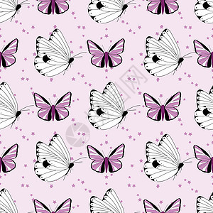 无缝模式 白蝴蝶和紫蝴蝶在粉红背景与恒星的粉红色背景上背景图片