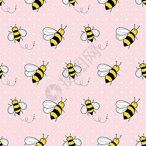 粉红波尔卡点背景上的可爱蜜蜂无缝模式图片