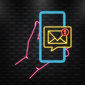 尼昂图标手持有电话 在蓝色背景上以邮件邮寄新信息 矢量插图图片