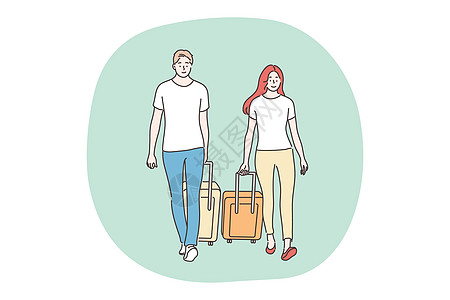 假日 旅行 旅游概念远足者微笑家庭卡通片丈夫女孩冒险行李航班假期图片