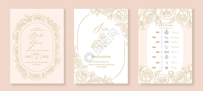 植物式的婚礼邀请 保存日期卡和时间表模板 并附有素描画玫瑰花朵和礼仪 贺卡图片