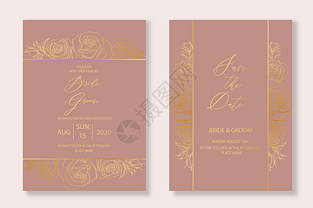 奢华婚礼古典的婚礼邀请模板 配有素描 彩色玫瑰花和贺卡等设计图片