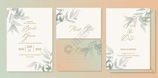 豪华婚礼邀请卡背景与绿色水彩植物叶子 婚礼和 vip 封面模板的抽象花卉艺术背景矢量设计设计图片