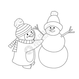 戴着帽子和围巾的大纲企鹅堆雪人 孤立在白色背景上的可爱企鹅 着色页的幼稚矢量字符图片
