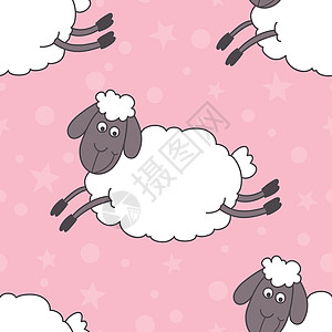 矢量无缝模式与滑稽可爱的绵羊在粉红色的背景 卡通羊无缝纹理 纺织品 女孩壁纸设计 粉红色的飞羊无缝纹理图片