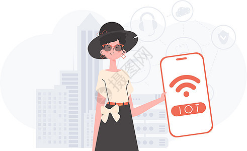 妇女拥有一部带有IoT标志的电话 其手有Trindy平板风格 矢量插图;在互联网上可以看到一些东西和自动化概念图片
