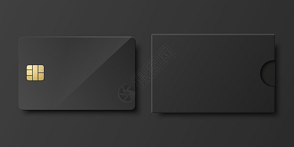 矢量 3d 逼真的黑色空白信用卡 纸钱包 信封 包装畏缩隔离 塑料信用卡 借记卡设计模板 用于样机 品牌 信用卡付款概念 正视图图片