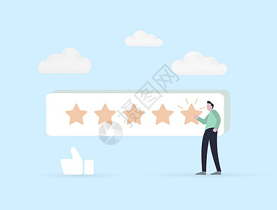 客户评价和满意度反馈审查 绩效评级概念 自信的商务人士或客户性格给予 5 星 正面排名以获得最佳质量结果图片