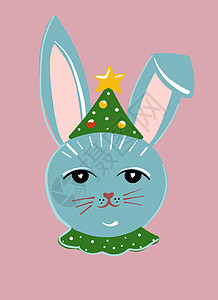 穿着喜剧帽的可爱蓝兔 他是圣诞树 是卡通风格的兔子头图片