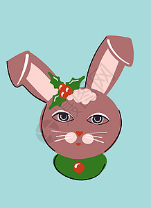 棕色可爱的兔子头顶上有阿迪西亚浆果 卡通风格的兔子头 说明图片