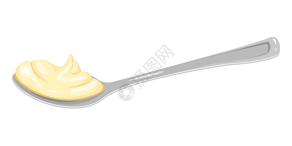 配有蛋黄酱的卡通汤匙香草奶油产品餐具银器液体厨具奶制品杯子插图图片