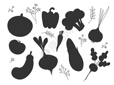 在白色背景上设置黑色剪影各种蔬菜 抽象设计标志 标识艺术-矢量 EPS图片