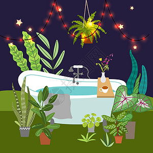 浴室室内矢量插图卫生间植物地面魔法卫生公寓淋浴淋浴房家具浴缸图片