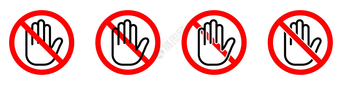 红色冒险用手图标停止或禁止红色圆形符号 禁止用手触摸禁令圆圈手臂标签黑色白色注意力贴纸危险准入设计图片