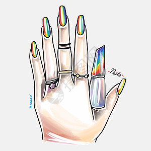 女性手有彩色指甲 持有指甲油 时装指甲设计图片