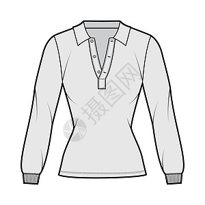 衬衫马球技术时装插图 长袖 外衣长度 开着的Henley颈部 瘦身 平领棉布设计按钮女孩球座运动服衣服商业成人球衣图片