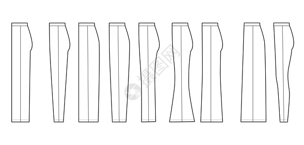 裤子侧面轮廓的技术时尚插图 腰部正常 直 修身 宽松 钉顶 靴子图片