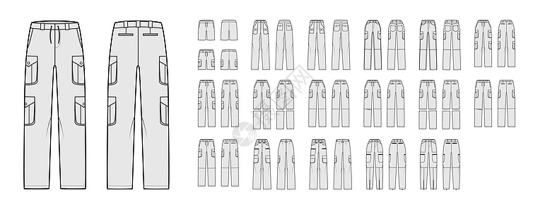 一套货物裤子 短裤 可自由转换的技术时装图示 用普通的低腰 高起 箱式标注图片