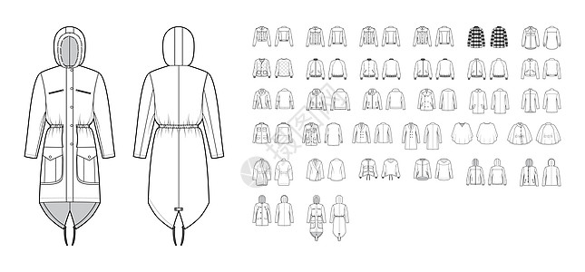 飞衣服一套夹克 外套 外衣技术时尚插图 带有超大 厚 罩领 长袖 口袋设计男生羊皮毛皮航班织物婴儿服饰大衣绘画设计图片