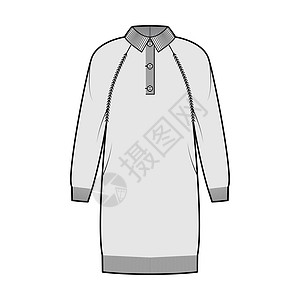 技术时装插图 用肋部Henley颈 经典项领 长的拉布兰袖 膝盖长度羊毛织物计算机草图衬衫男性套衫针织品裙子袖子图片