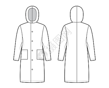 风衣外套滑雪大衣苏的西部技术时装图画 用长袖 补丁口袋 体积过大 膝盖长度工作服风衣帽衫下雨雨衣运动外套小样草图收藏设计图片