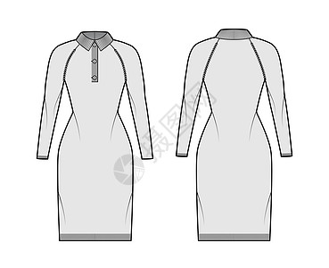 技术时装插图 用Henley脖子 经典项领 长的衣袖 膝盖长度裙子女士织物绘画衬衫夹克女性计算机全体小样图片