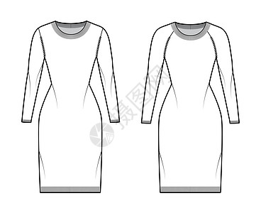 一套圆颈衣 合身 臀部长度长的长拉布兰袖子 装配身体和胸围技术时装图示草图绘画夹克计算机配件人员帽衫女装衬衫女性图片