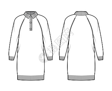 技术时装插图 用肋部Henley颈 经典项领 长的拉布兰袖 膝盖长度棉布计算机织物全体草图女孩裙子人员针织品女性图片