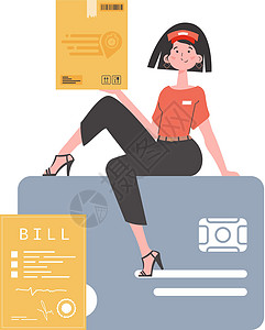 女信使坐在一张银行卡上 拿着一个盒子 交货概念 孤立的 趋势平坦的风格 矢量图片