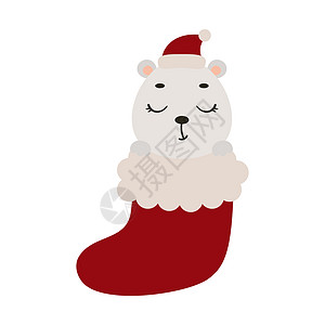 穿着圣诞袜的可爱小北极熊 儿童卡片 迎婴派对 邀请函 海报 T 恤组合 室内装饰的卡通动物角色 矢量库存插图图片