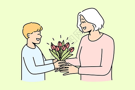 微笑的男孩用鲜花问候奶奶老年礼物男生女士惊喜童年插图孙子展示花束图片