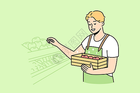 在超市工作的穿制服的男子柜台杂货店架子职业插图职员产品水果就业蔬菜图片