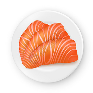 新鲜财鱼片矢量现实的鲑鱼在白瓷板上的网形 海产食品插图 从上方查看设计图片