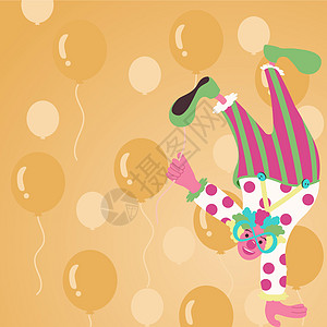 小丑单手站着 与他人一起拿着气球 喜剧演员带着眼镜和多彩的假发做纪念 男人庆祝生日 笑声孩子绘画派对社交计算机幸福活动圆圈礼物邀图片