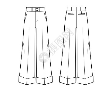 牛福特制技术时装图示 用低腰 上升 全长 倾斜的喷口袋绘制绘画设计女性孩子们裤子规格棉布小样腰部男人图片