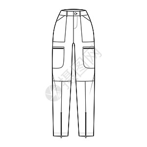 一套降落伞裤技术时尚图 用正常腰部 高身 口袋 安全带环 全长度来说明衣服拉链绘画计算机设计孩子们纺织品牛仔裤棉布女士图片
