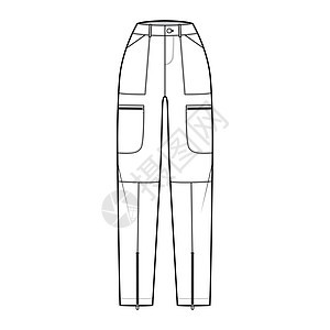 一套降落伞裤技术时尚图 用正常腰部 高身 口袋 安全带环 全长度来说明衣服拉链绘画计算机设计孩子们纺织品牛仔裤棉布女士图片