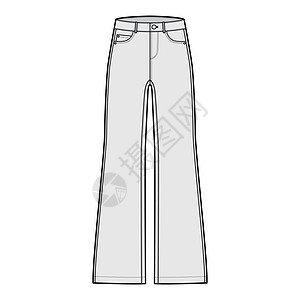 Denim裤式技术时装图解 全长 低腰 上升 5个口袋 里维特纺织品小样女性绘画腰部衣服设计规格女孩们工装裤图片