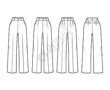 一套定制的长裤技术时装图 用正常腰部 全长 单双斗 带环背景图片