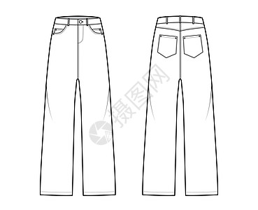裤子技术时装图 全长 低腰 上升 5个口袋 里维兹 带环男人规格女孩纺织品牛仔裤草图计算机女性女孩们设计图片
