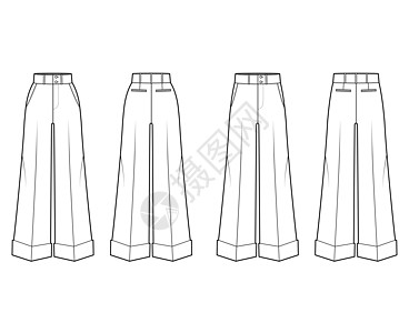 一套由普通低腰 高上 全长 喷口袋制作的牛福特定制技术时装图服饰男人腰部棉布绘画规格插图女士小样女性图片