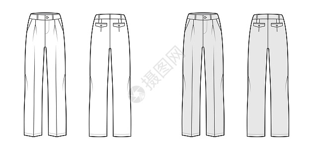 长裤定制技术时装图 以低腰 高起 倾斜的扇形口袋 单面板 带环图片