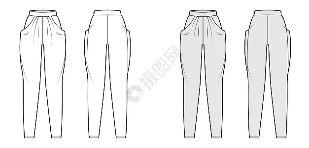 Harem裤子技术时尚图 用正常的腰部 高身 斜口袋 前排和全长度来说明图片