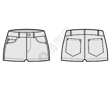 Denim热短期技术时尚插图 用微长 曲线 硬币 角度5个口袋 低腰部牛仔裤女士计算机草图设计服装女孩们短裤织物牛仔布图片