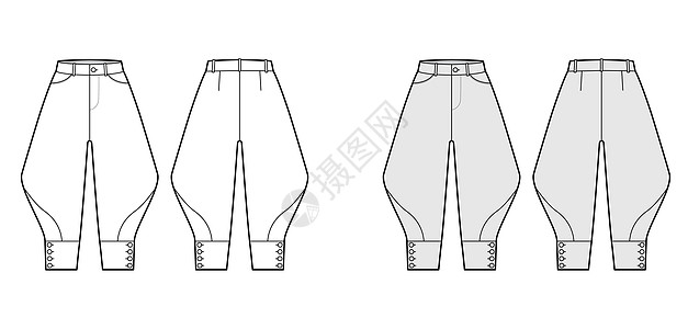 骑行马裤短裤技术时尚插画 及膝 低腰 高腰 弧形口袋图片