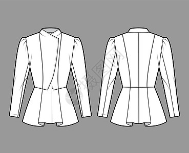 Peplum hem 夹克技术时装插图 配有合身的体型 长盖子袖 衣领开口女性运动大衣壁橱纺织品草图小样设计绘画女孩图片