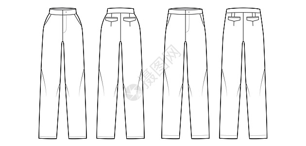 一套长裤直直技术式插图 用平前 低正常腰 高上 全长度 口袋图片
